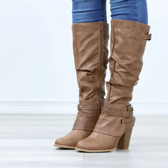 Motorcycle Heeled Boots For Rocker Biker Girls Below The Knee Tan Faux Leather - Picture 12 of 15